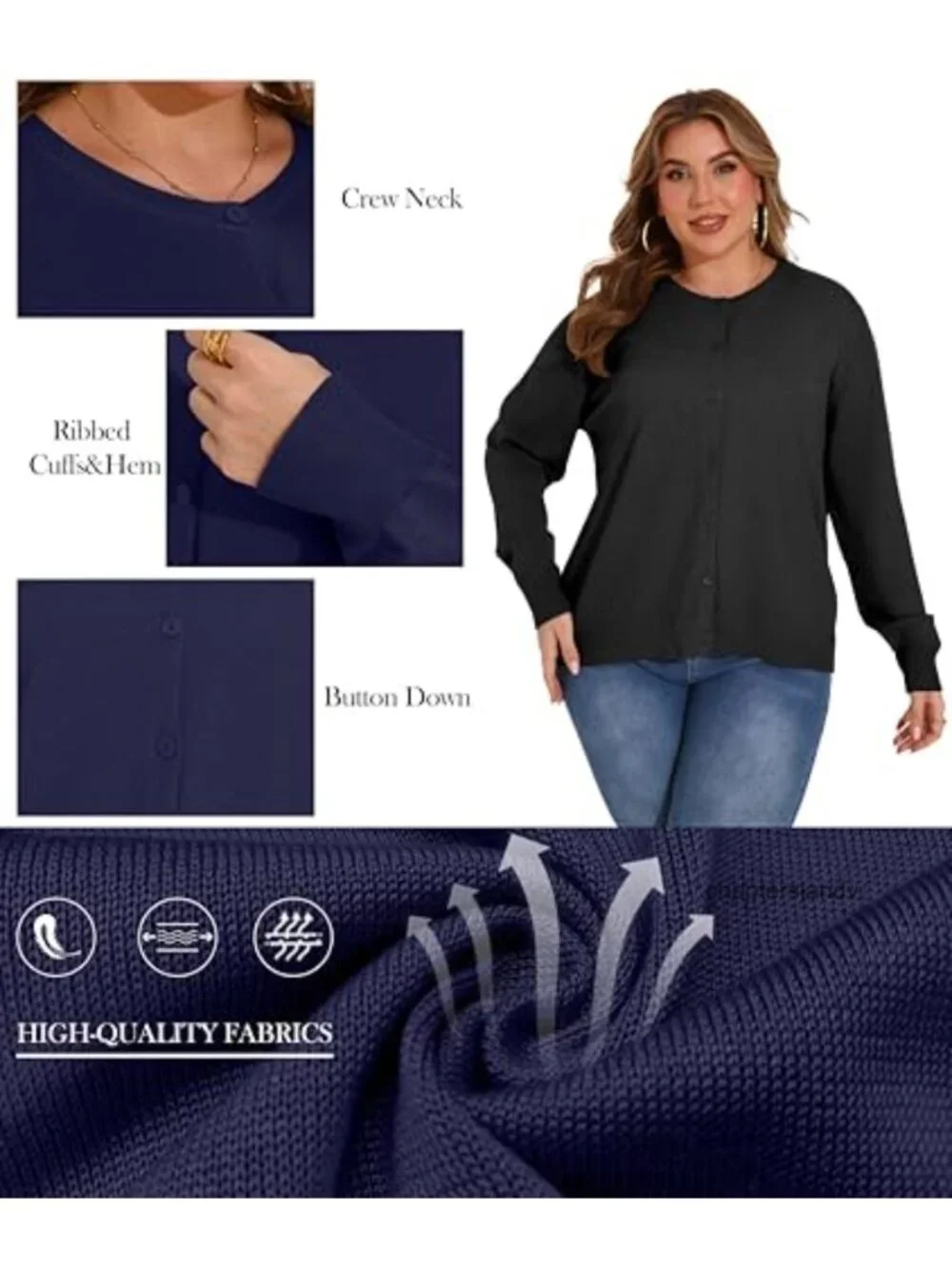 Plus Size Long Sleeve Crewneck Cardigan Lightweight Knit Button Down